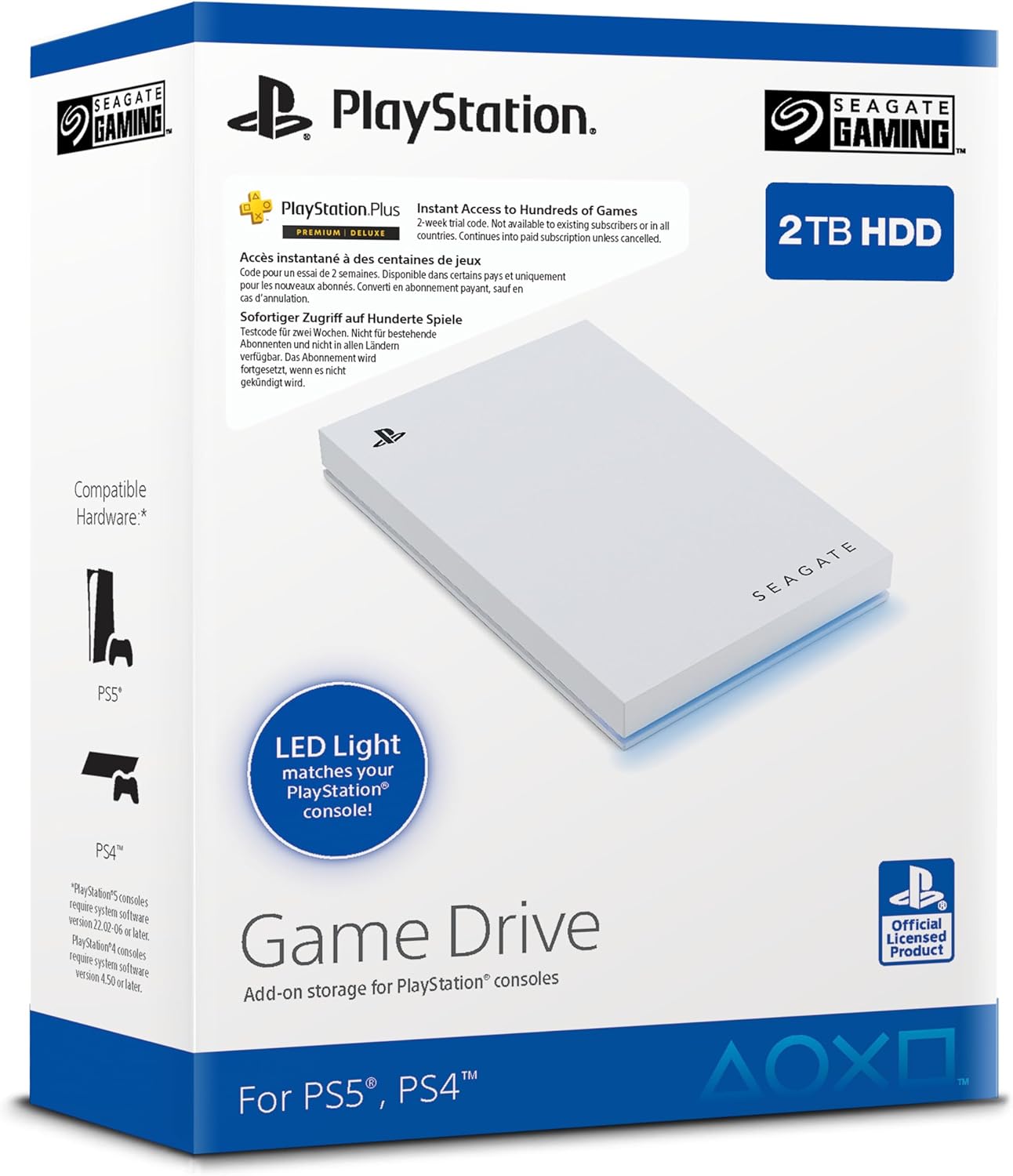 Seagate Game Drive for PS4/PS5, 2 TB, External HDD, USB 3.0, Officially Licensed, Blue LED, incl 2 weeks Playstation+