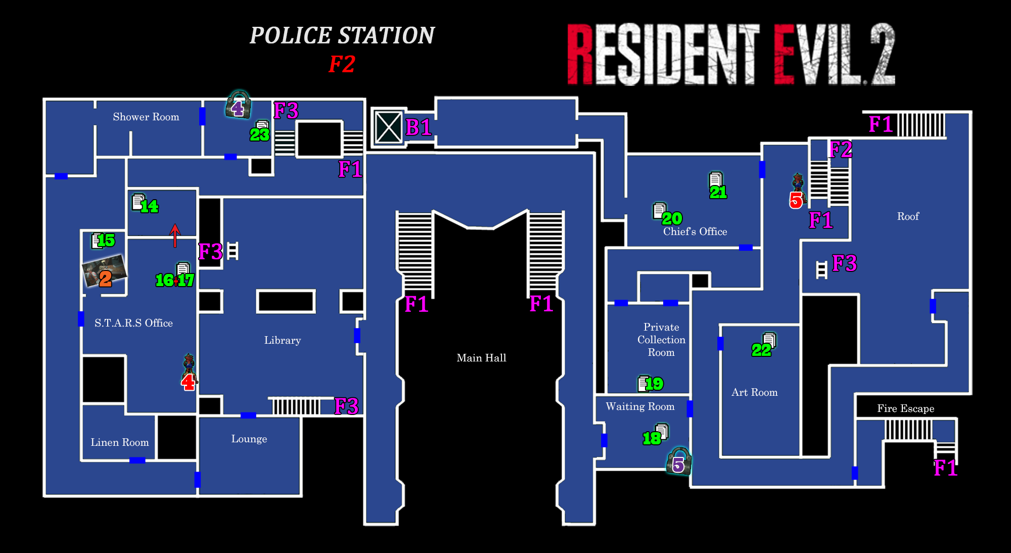 Resident Evil 2 - Map Police Station F2 Frameless Arts (50*30 cm)