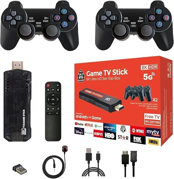 TV Stick 8K 5G Video Game Stick Android 8K TV BOX Dual System Wifi 4G/5G with Wireless Controls with 64gb SD card has over 10000 Games