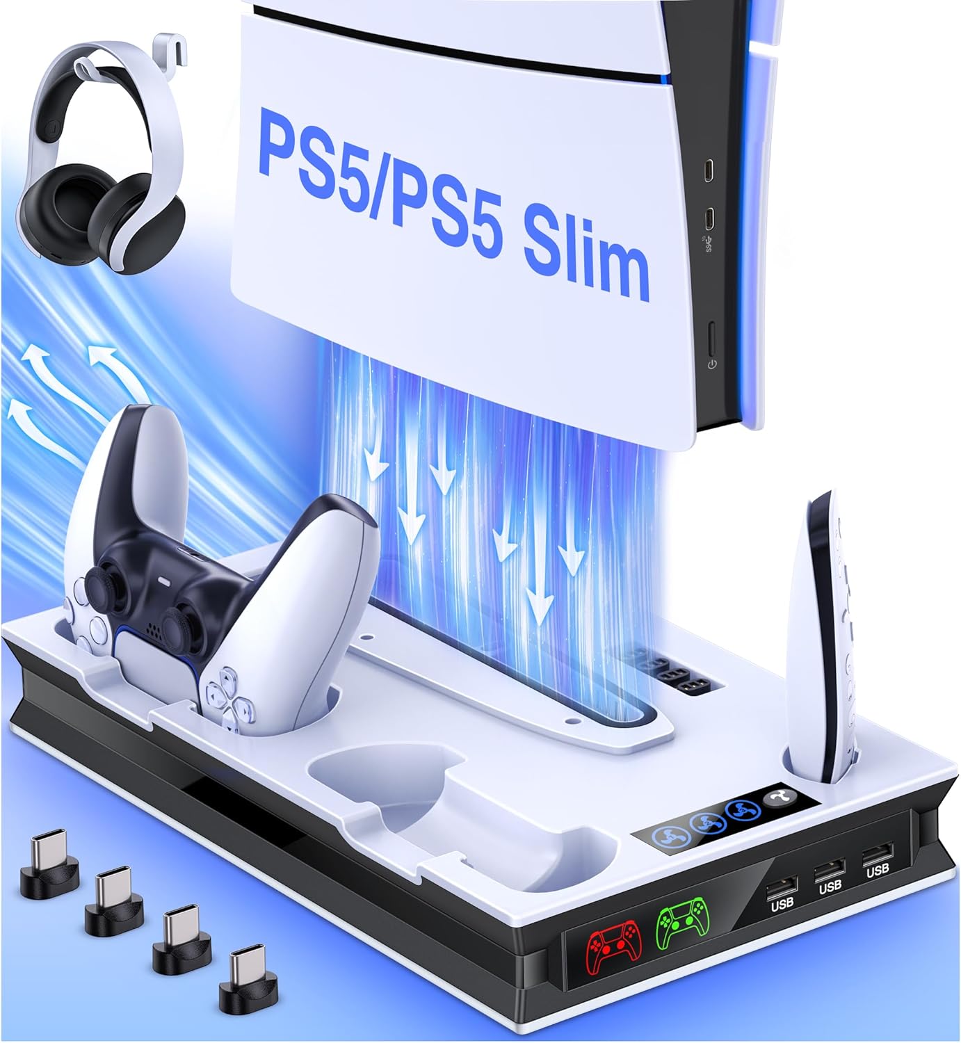 PS5 Stand Cooling Fan with Dual Controller Charging Docking Station