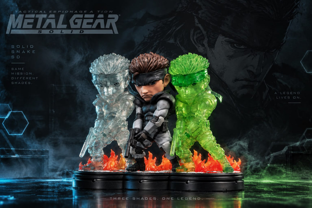 First 4 Figures Metal Gear Solid – Solid Snake [Standrard + SD Stealth + Neon Green] PVC Painted Statue 3pcs Combo (20cm)