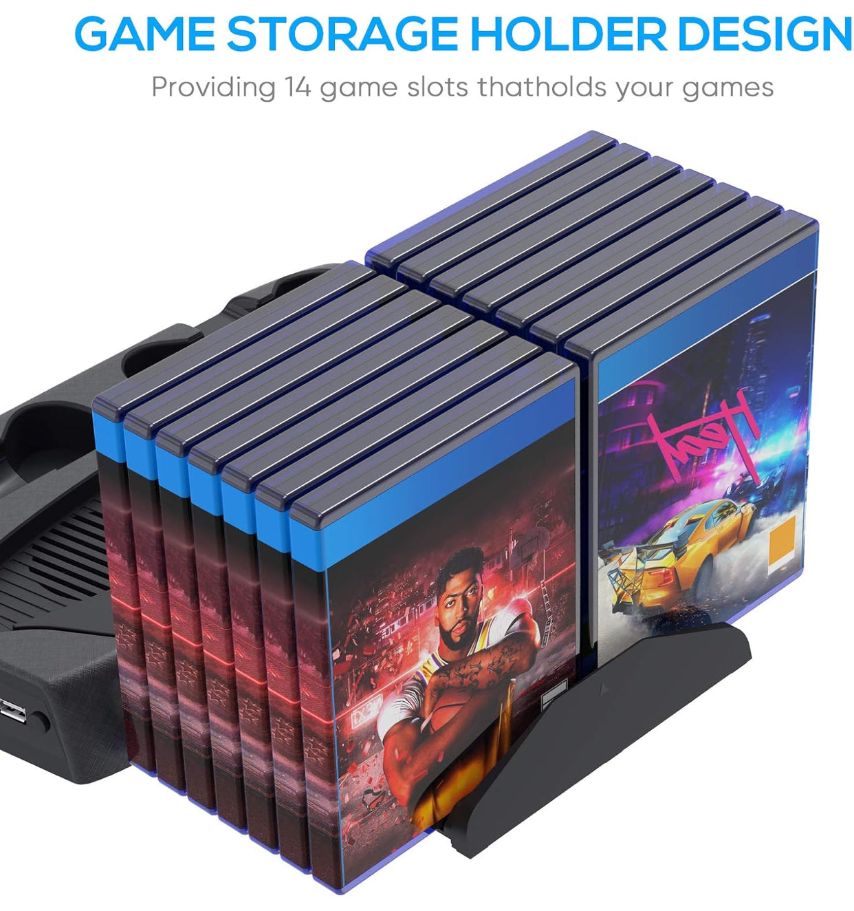 Fyoung Support with Cooling Fan Compatible with PS5, Controller Charger Compatible with Playstation 5, Station with 14 Game Storage