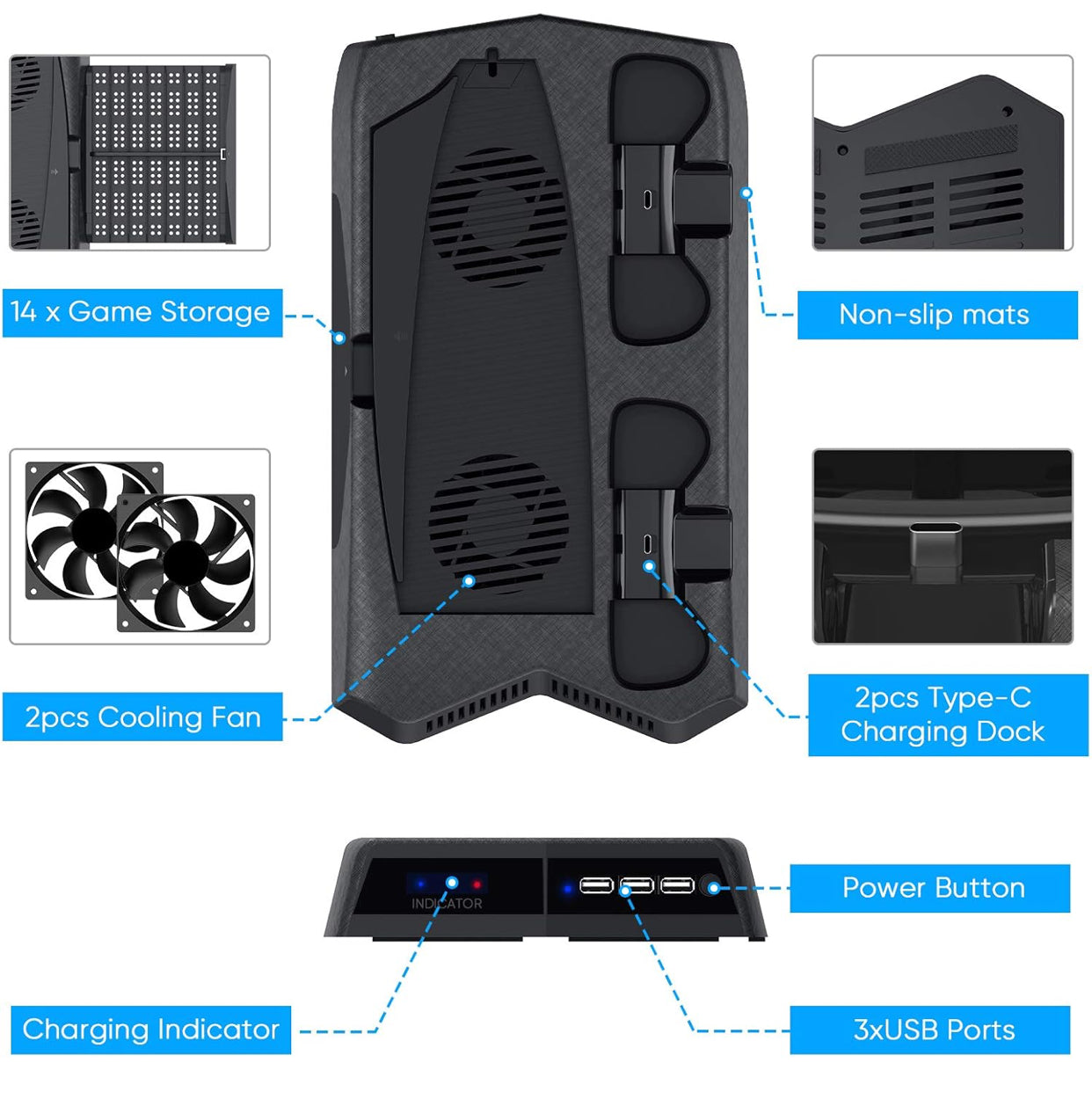 Fyoung Support with Cooling Fan Compatible with PS5, Controller Charger Compatible with Playstation 5, Station with 14 Game Storage