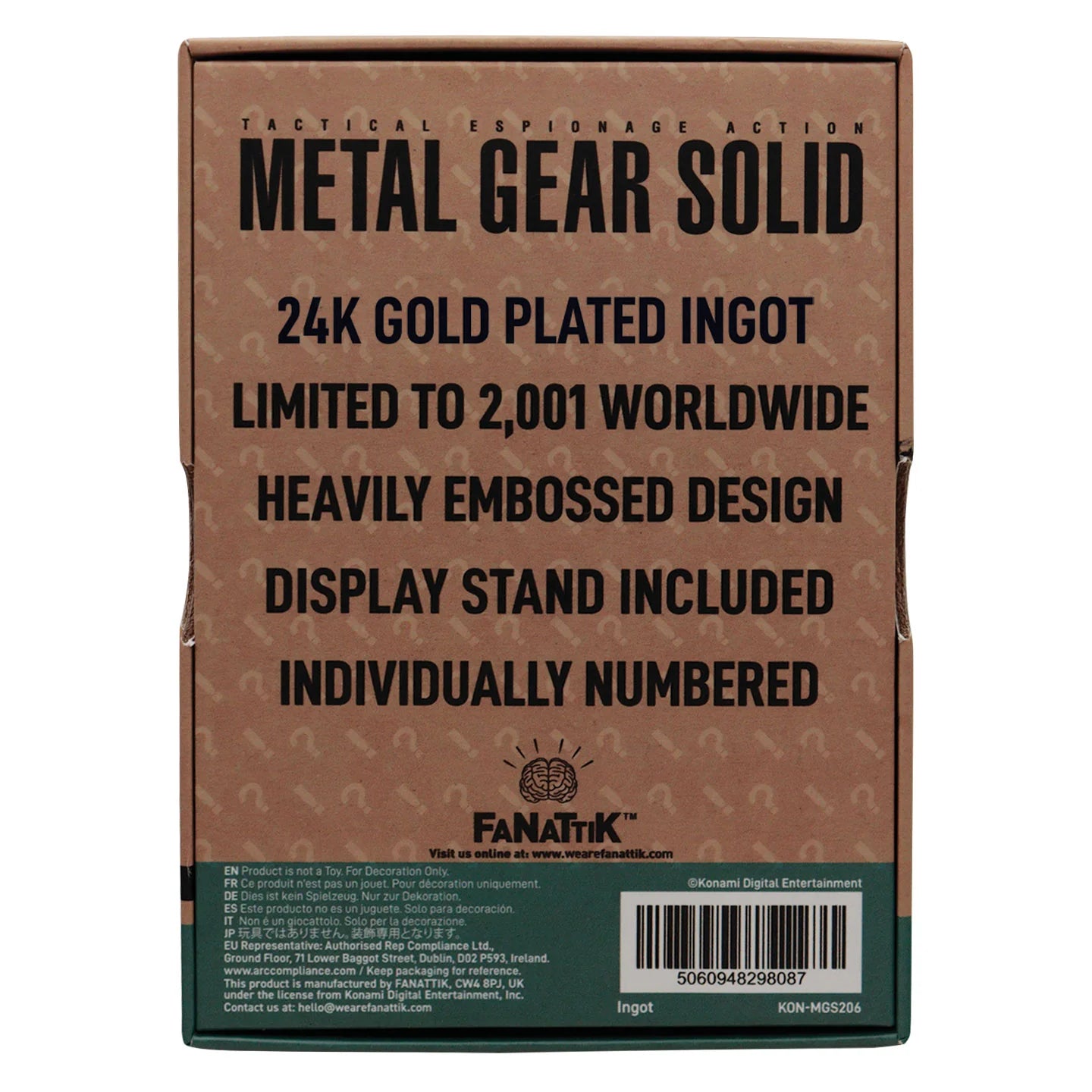 Official Metal Gear Solid 2 - 24k Gold Plated Raiden Ingot