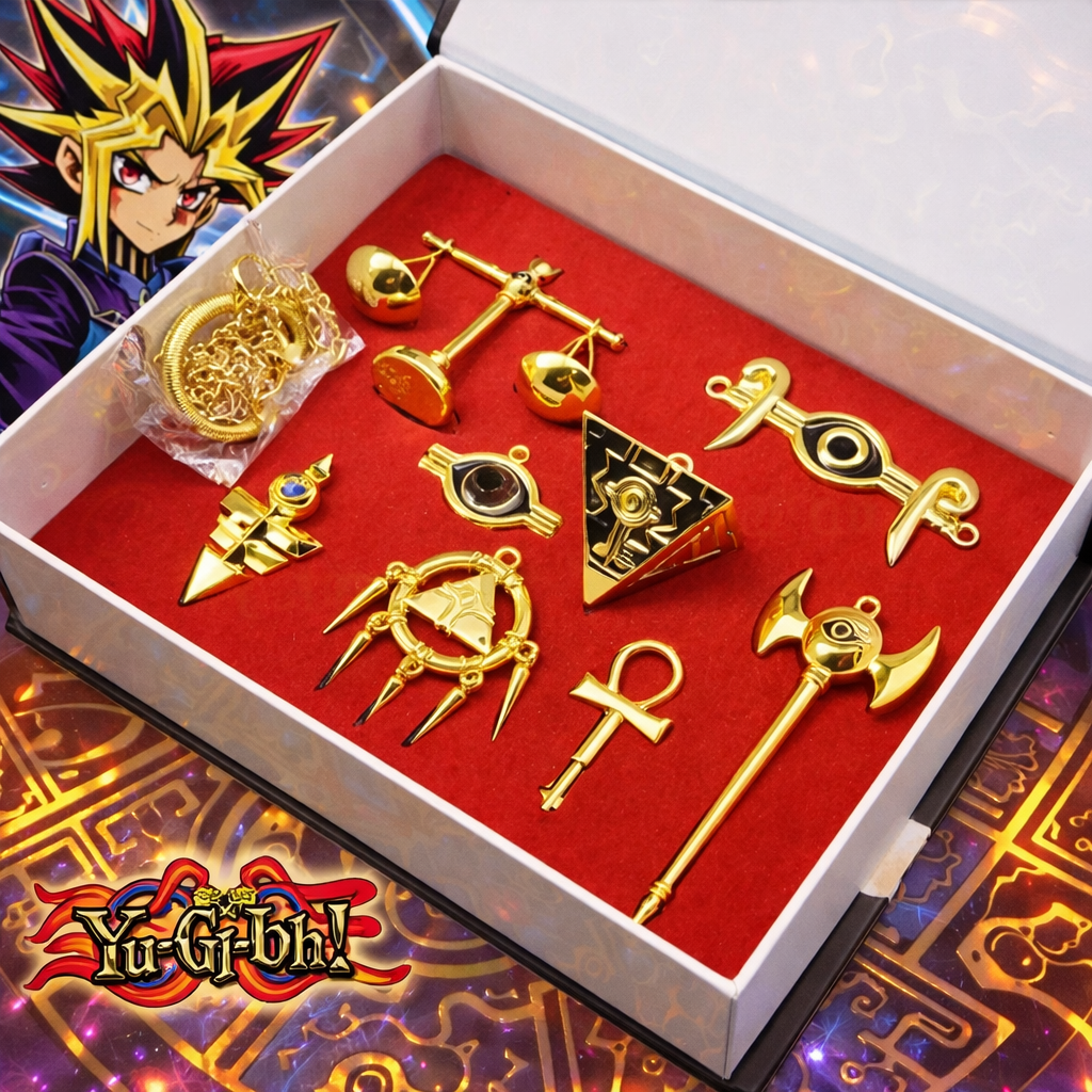 Anime Yu Gi Oh Millenium Puzzle Ring Scale Key Metal Necklace & Keychain Collection Box 8pcs