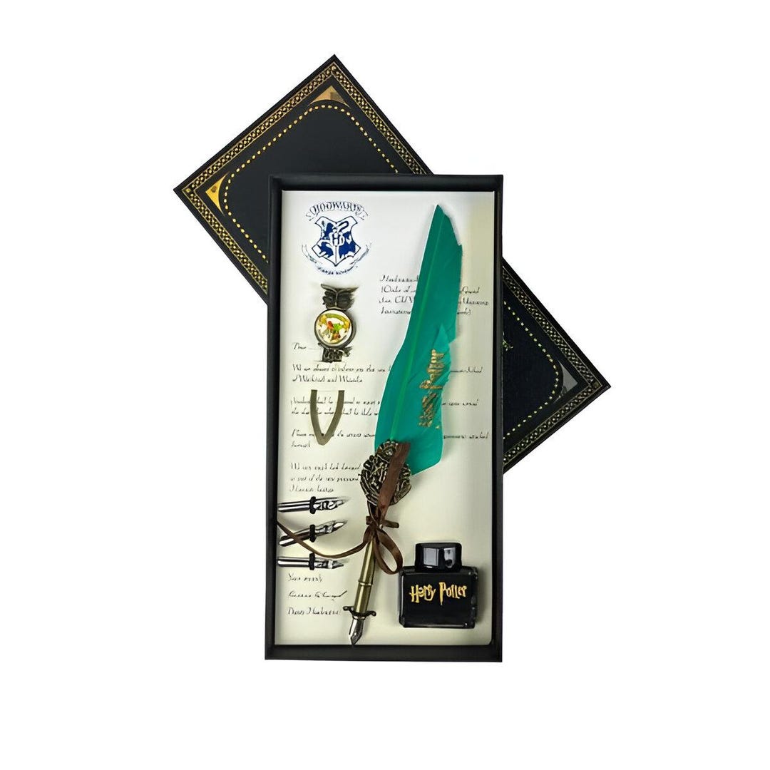 Harry Potter Vintage Feather Quill Pen Set with Ink and 3 Nibs (Green)