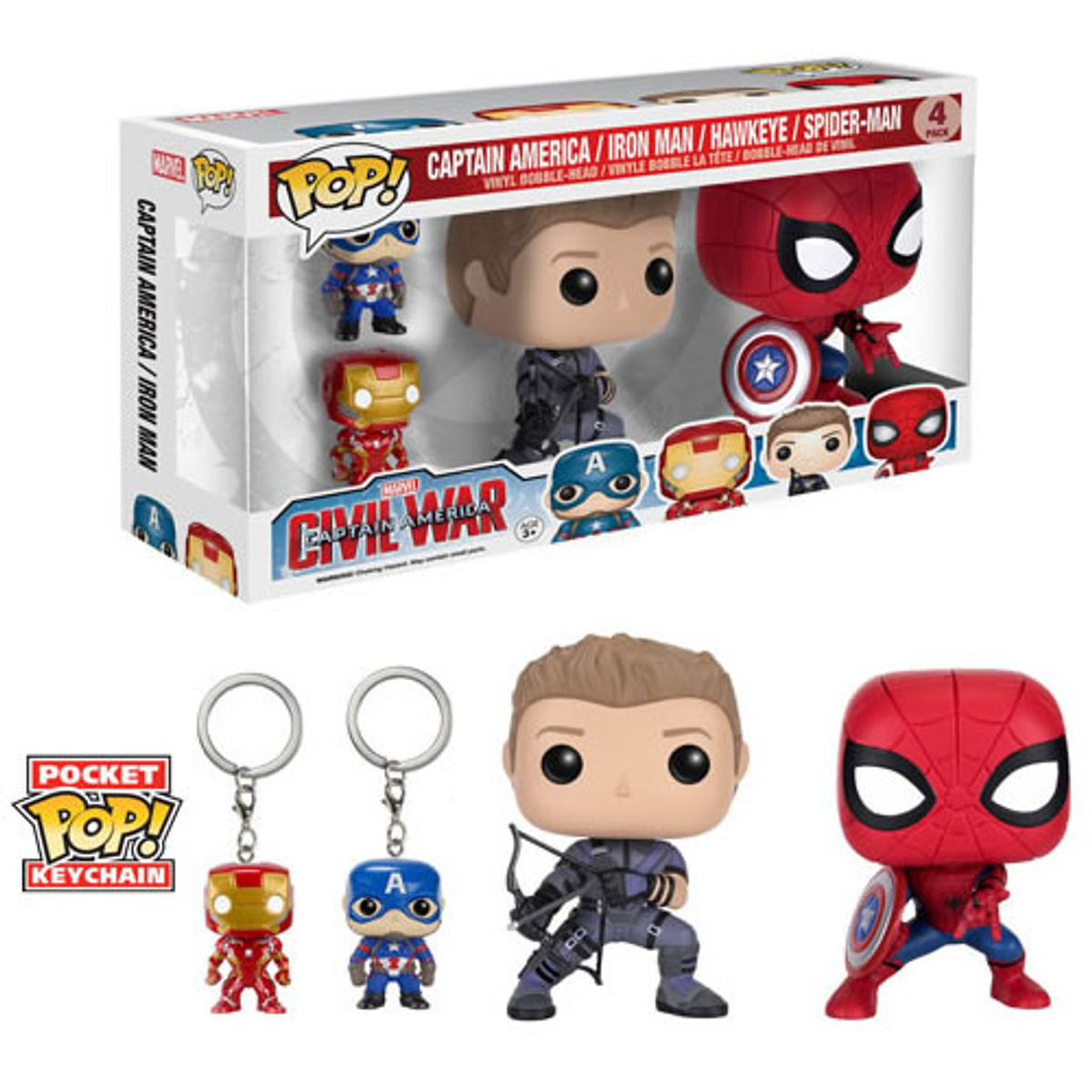 Funko Pop Marvel: Civil War Hawkeye Spiderman, Iron Man & Captain America Keychain